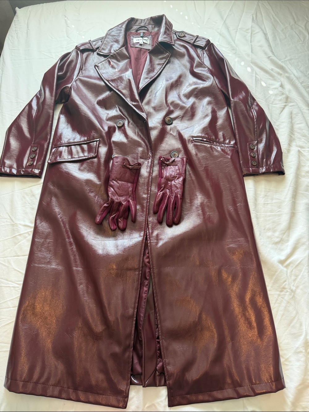 Vigoss Burgundy Faux Leather Trench Coat with Matching Gloves